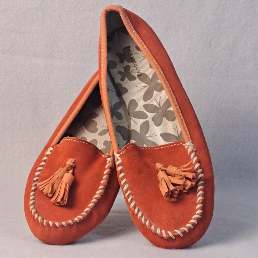 Lands’ End Hot Orange Tassel Flats 8M – Comfort Slip-On Moccasin Shoes NEW